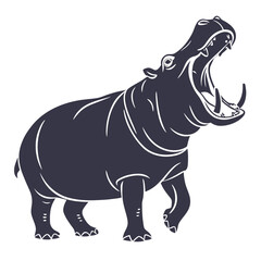 Vector art of silhouette of a hippopotamus with its mouth wide open, isolated on white background
