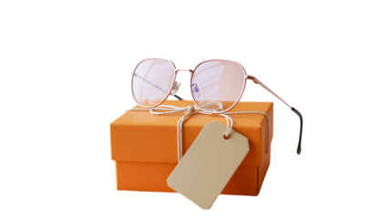 Orange gift box with glasses and blank tag on black background