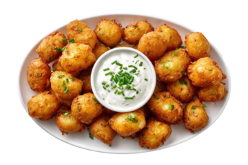 Crispy, golden-brown, bite-sized food items, likely potato or cheese, arranged on a white platter. A small bowl of creamy sauce is positioned in the center