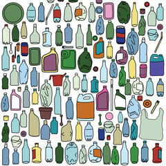 Illustration of plastic garbage, bright colors, transparent background
