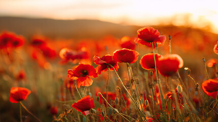 Fototapeta premium Vibrant red poppies glowing under the golden light of a sunset.