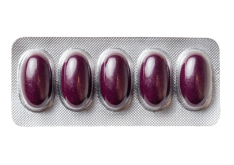 A blister pack of dark purple oval pills