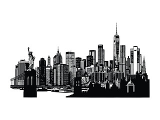 Fototapeta premium City Skyline Silhouette: A striking monochrome silhouette captures the iconic essence of a bustling metropolis, featuring towering skyscrapers, a prominent statue, and a sense of urban grandeur.