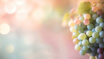 Fresh green and purple grapes hanging on vine against soft pastel hazy background