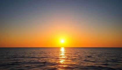 Naklejka premium Golden hour sun sets over calm ocean, clear horizon, seascape, serene