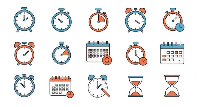 Chronological collection of icons, illustrating the passage of time and scheduling needs
