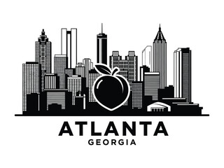 Obraz premium Atlanta Cityscape: A stark black and white silhouette of the Atlanta skyline, with the iconic peach emblem prominently displayed against a clear sky.