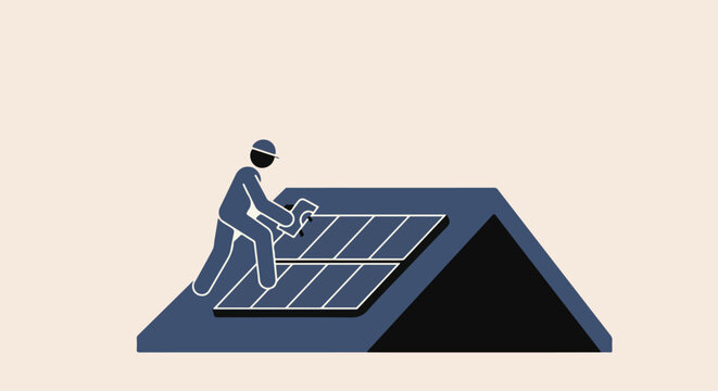 Person installing solar panels on a roof. Blank background for copy placement