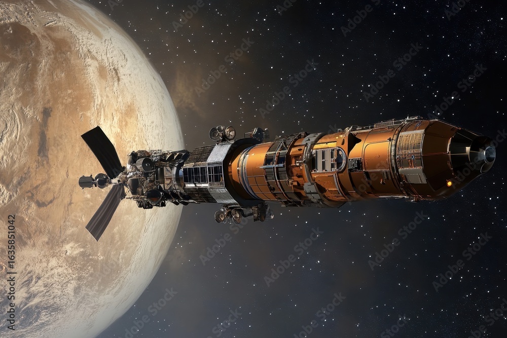 Poster modular spacecraft orbits a distant celestial body in deep space exploration mission, a modular spac