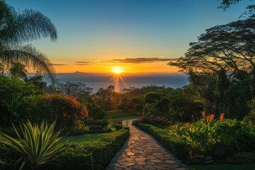 Obraz premium Majestic sunrise illuminates tropical garden with vibrant colors over the Americas, Sunrise over the Americas Elements furnished