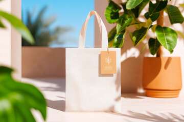 Beige mesh cotton tote bag mockup with kraft tag