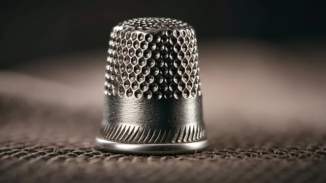 Close-up of a metallic thimble on textured fabric