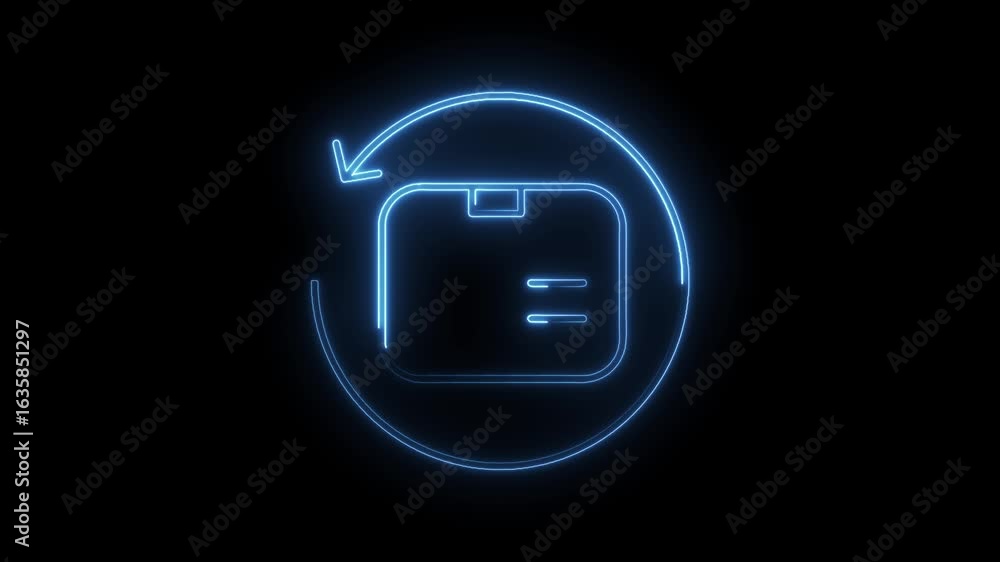 Poster glowing blue neon package return icon with circular arrow animation on black background symbolizing