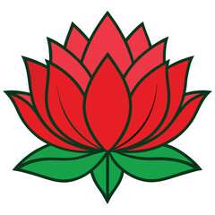 Vector art of red and pink lotus flower with green leaves, isolated on white background