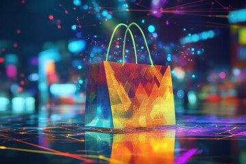 Data processing overlays colorful shopping bag in urban environment at night, data processing over shopping bag