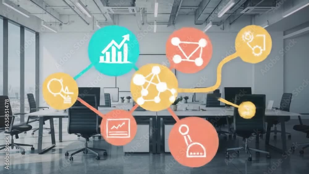 Poster dynamic network visualization connects ideas in modern office space