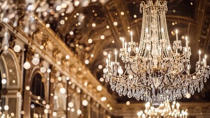 Opulent ballroom video featuring a glittering crystal chandelier and bokeh lights - Powered by Adobe