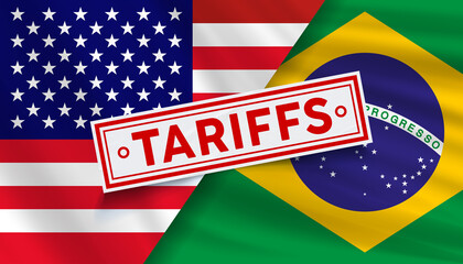 Digital illustration showing US and Brazil flags separated by a crack, with bold red "TARIFFS" stamp in center. Symbolizes trade conflict, economic tension, and political disagreement.
