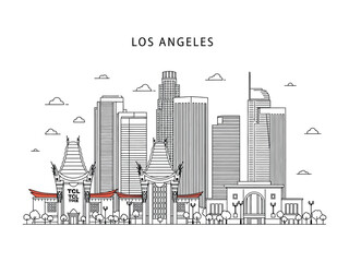 Fototapeta premium Los Angeles Skyline: The minimalist illustration style presents the iconic buildings of Los Angeles, capturing the essence of urban sophistication and Hollywood glamour. 