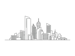 Fototapeta premium Urban Skyline: A stark, minimalist line art depiction of a modern city skyline, showcasing a cluster of skyscrapers and architectural forms, evoking a sense of urban dynamism.