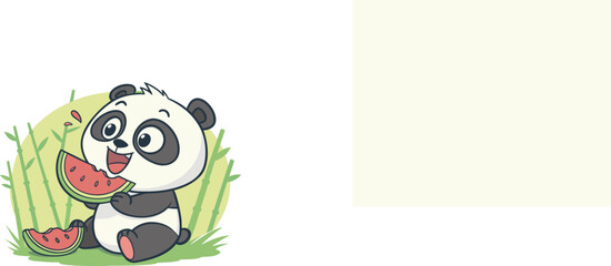 Vector art of cute cartoon panda bear happily eating a juicy slice of watermelon in a grassy field