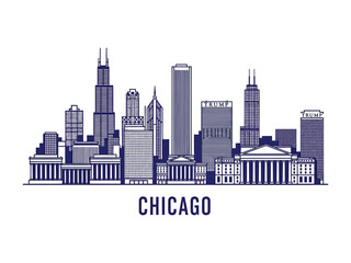 Naklejka premium Chicago Skyline: A stylized representation of Chicago's iconic skyline, showcasing its architectural grandeur and urban essence. The silhouette emphasizes the city's modernity.