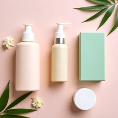 Collection of pastel blue and peach skincare packaging with a minimalist background, creating a modern and fresh vibe.