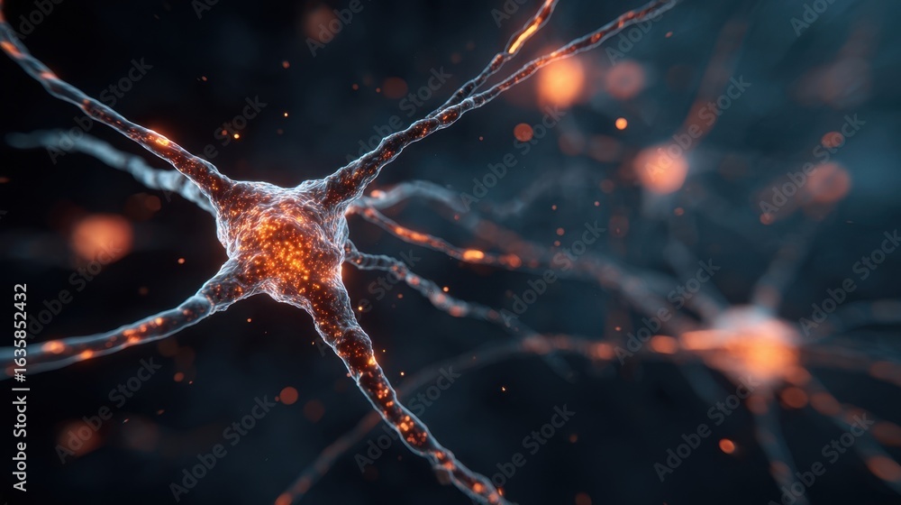 Poster abstract visualization of brain synapses with glowing ember particles depicting neuroleptic malignan