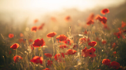 Fototapeta premium Vibrant red poppies glowing under the golden light of a sunset.