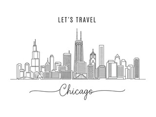 Obraz premium Chicago Cityscape Travel Illustration: A minimalist line drawing captures the iconic skyline of Chicago, perfect for travel enthusiasts and design lovers. Capturing the city's urban charm in a simple.