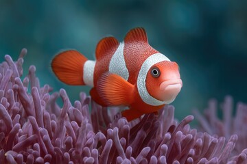 An orange clownfish with white stripes and a white facial band amid a purple sea anemone against a blue background