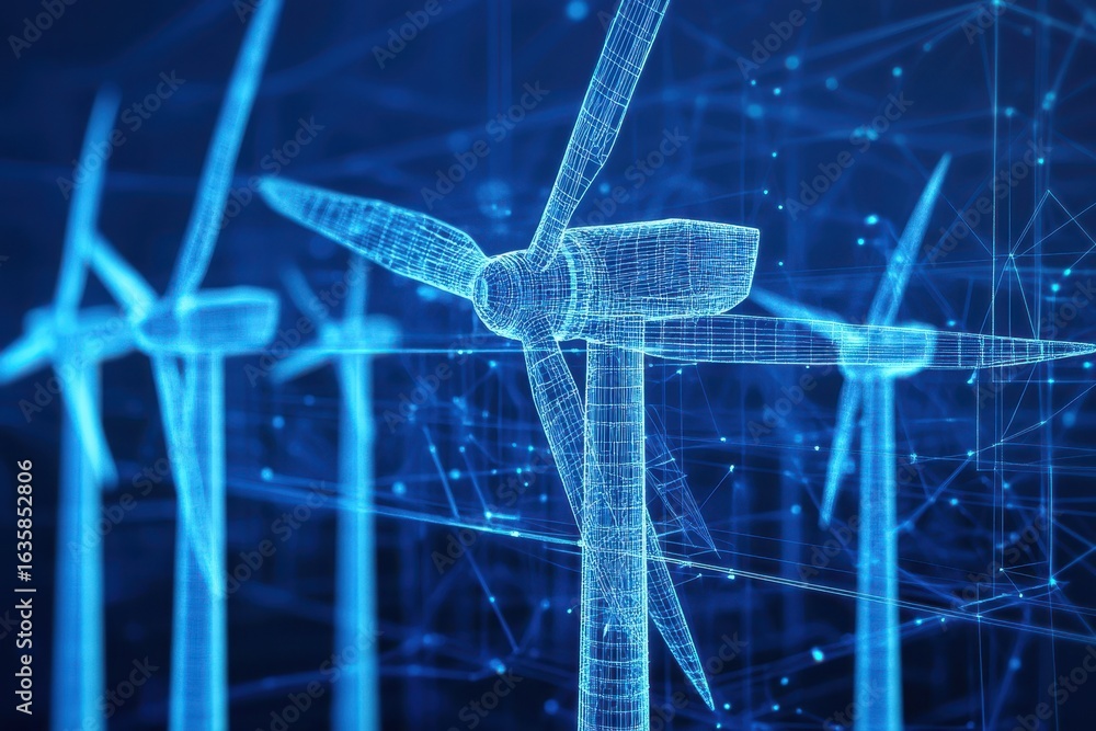 Poster animated blueprint showcasing multiple wind turbines in a futuristic design, an animated blueprint s