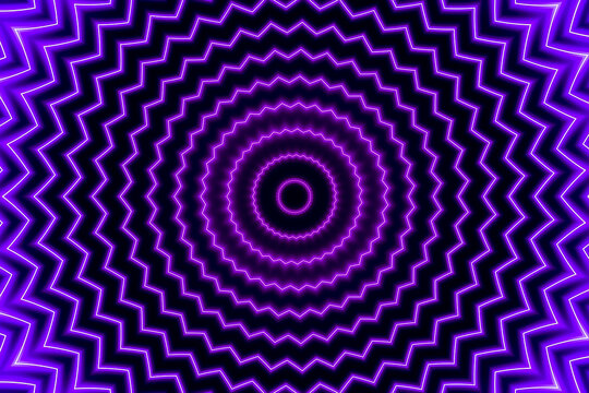 Abstract hypnotic background with purple neon zigzag circles and glowing concentric rings for retro futuristic disco design