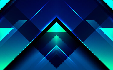 Abstract futuristic dark blue and turquoise background with glowing symmetrical triangular shapes, creating an angular dynamic hi-tech pattern