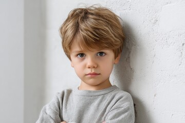 Fototapeta premium Boy with blonde hair in gray shirt stands near textured white wall