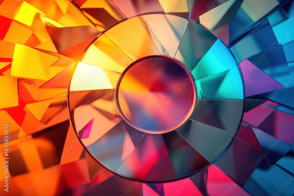Aufkleber colored disc spins on vibrant triangular backdrop in a playful abstract design, colored disc spinnin