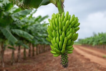 Bunch of green bananas on a tree in a field with red soil and rows of banana plants under a cloudy sky