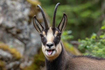Chamois headshot tongue out with horns against rock  foliage