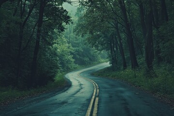 Road trip along a winding, empty road surrounded by lush green trees on a foggy day, a road trip in an empty road Infinite