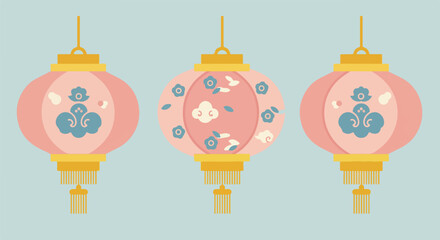 Graphic pink lanterns with tassel, festive design on light blue, for invitations