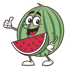 Vector art of happy cartoon watermelon character with a slice of watermelon giving a thumbs up, isolated on white background