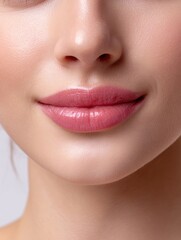Closeup of a womans face pink glossy lips nose and skin texture visible