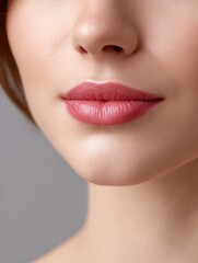 Fototapeta premium Closeup of a womans face from the nose down highlighting her lips with a pink hue