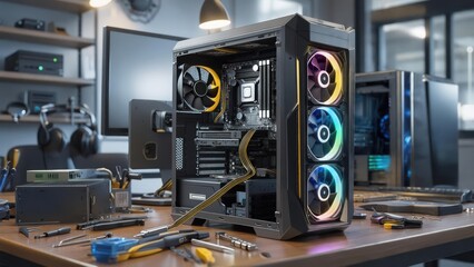 Open computer case, tools, workstation