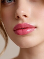 Fototapeta premium Cropped portrait of fairskinned woman with pink lips showing her nose lips and part of her eye