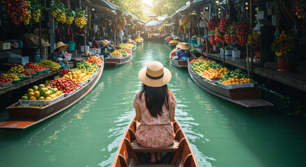 Obraz premium A woman enjoys a serene boat ride through a vibrant Thai floating market, surrounded by colorful fruits and bustling vendors.