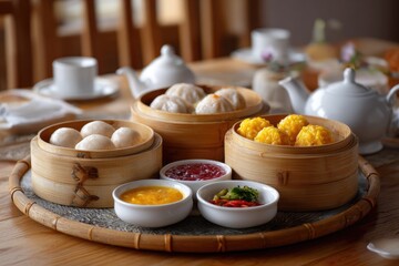 Dim sum in bamboo steamers  sauces on a wooden tray Teapots  teacups visible in the background