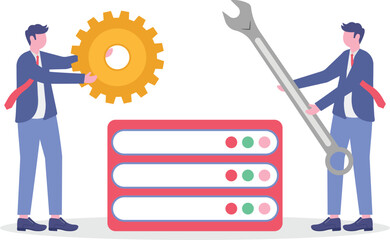 Flat illustration of three people assembling gear system around server to operate secure network using cybersecurity protocols

