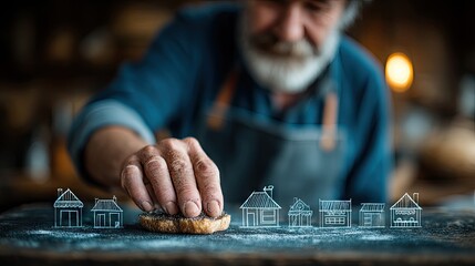 Senior Man Baking Bread Arranging Miniature Houses on Dusty Table