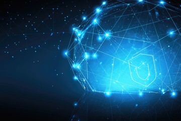 Fototapeta premium Blue glowing digital background with octagon outline and shield symbolizing data security and cyber protection